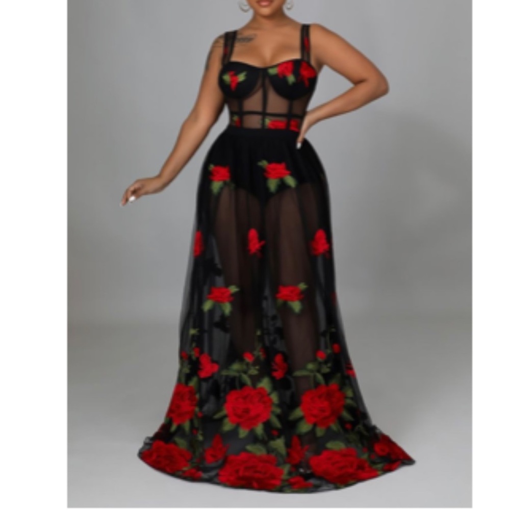 Black & Red rose sheer dress